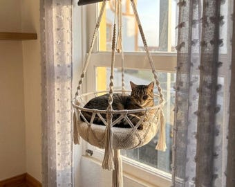 Hamaca de macramé para gatos, hamacas para mascotas, gatos, decoración de animales de granja, estantes bohemios, decoración bohemia, algodón, arte colgante, regalos, regalo para un nuevo hogar, animales