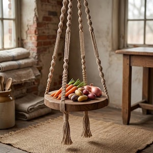 Puede incluir: Un estante de madera colgante suspendido por una cuerda de macramé beige con patrones de nudos y borlas. La plataforma redonda de madera sostiene una colección de zanahorias naranjas frescas, patatas amarillas pequeñas y cebollas rojas.
