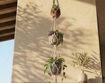 Colgador triple de macramé para plantas, maceta colgante, colgadores, blanco bohemio, decoración acogedora, regalo para amantes de la naturaleza, regalos para el nuevo hogar, regalos para decorar el balcón.