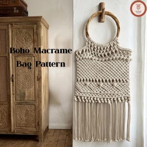 May include: A cream-colored macrame bag featuring a circular wooden handle, intricate knotted patterns, and long fringe at the bottom. The text "Boho Macrame Bag Pattern" is visible on the left side, and a small circular logo is in the top right corner.