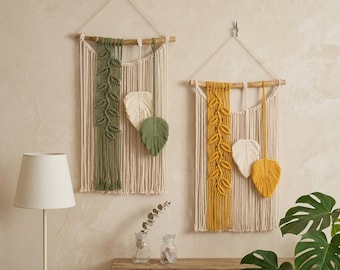 Macrame Wall Hanging Leaf, Green, Yellow, Boho Wall Art, Cozy Decorations, Patio Decor Nature Lover Gift, New Home Gifts, Cotton Anniversary