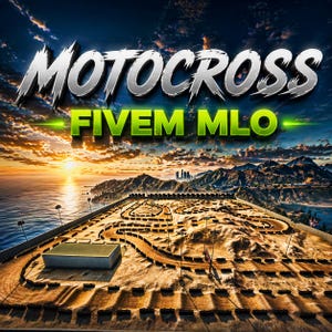Może przedstawiać: Cyfrowa wizualizacja toru motocrossowego z napisem "MOTOCROSS" w 3D srebrnym nad "FIVE MLO" w kolorze zielonym. Tor znajduje się na tle malowniczej scenerii zachodu słońca nad oceanem i górami.