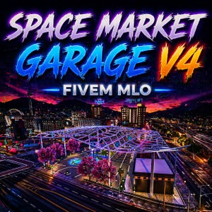 May include: A digital art image featuring the text "SPACE MARKET GARAGE V4 - FIVEM MLO" in a futuristic style. The image showcases a cityscape with a garage structure, illuminated by neon lights, set against a vibrant sunset.