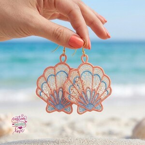 May include: Seashell-shaped earrings with delicate lace detailing. The earrings have a coral-coloured outline, with white and light blue accents. Gold-coloured ear wires. The earrings are held up against a beach background.