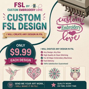Könnte beinhalten: Eine digitale Werbeanzeige für individuelle FSL-Stickdesigns mit dem Text FSL BY CUSTOM EMBROIDERY LOVE, CUSTOM FSL DESIGN, I WILL CREATE ANY DESIGN IN FSL und I WILL DIGITIZE ANY DESIGN IN FSL sowie vier verschiedenen Stickerei-Symbolen.