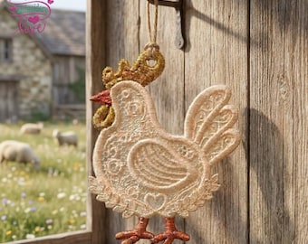 Lace Chicken Ornament FSL Embroidery Design
