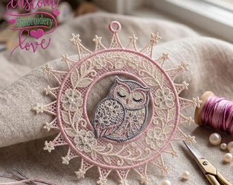 Sleeping Owl Freestanding Lace Embroidery Design (FSL) – Nursery Decor, Ornaments
