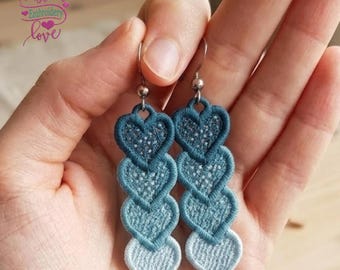 Blue Hearts Hoop Style Earrings FSL Embroidery Design