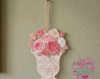 Elegant Pink Rose Flower Vase FSL Embroidery Design