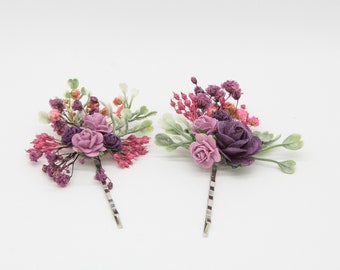Set of two floral bobby pins in pink and purple