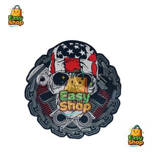 May include: A circular graphic patch featuring a skull wearing a bandana with a red, white, and blue American flag pattern. The skull is centered over crossed engine pistons and surrounded by a dark gray chain link border on a black background.