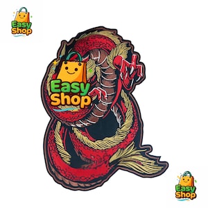Parche de dragón chino rojo - Aplique bordado de serpiente oriental grande - Insignia termoadhesiva de bestia mítica con escamas doradas para kimonos y chaquetas