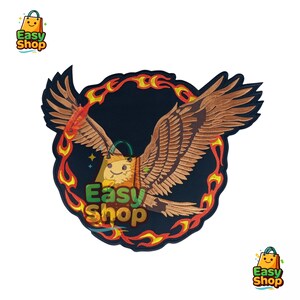 May include: A circular embroidered patch featuring a brown eagle with wings spread wide, centered within a ring of stylized orange and yellow flames on a black background. The text Easy Shop is printed in green and yellow with a shopping bag icon.