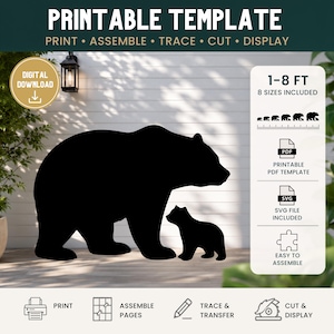 Pode incluir: Um modelo digital imprimível com a silhueta preta de um urso grande e um filhote. O texto diz PRINTABLE TEMPLATE, 1-8 FT, 8 SIZES INCLUDED, PRINT, ASSEMBLE, TRACE, CUT, DISPLAY, DIGITAL DOWNLOAD, PDF, SVG e EASY TO ASSEMBLE.
