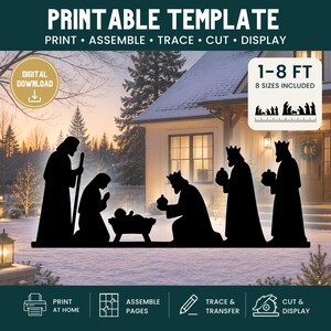 Op de afbeelding: Een printbaar sjabloon voor een kerststal-silhouet met figuren van een herder, Maria, Jozef, het kindje Jezus in een kribbe en de drie koningen. De digitale download bevat 8 formaten van 0,3 tot 2,4 meter om over te trekken en te snijden.