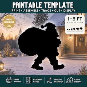 Könnte beinhalten: Eine schwarze Silhouette des Weihnachtsmanns, der einen großen Sack über der Schulter trägt. Die Druckvorlage enthält den Text 1-8 FT und 8 SIZES INCLUDED sowie Symbole zum Drucken, Zusammenbauen, Nachzeichnen, Schneiden und Anzeigen. Ein digitaler Download-Button ist zu sehen.