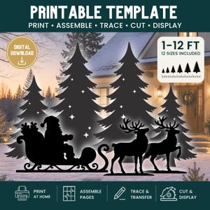 Könnte beinhalten: Eine druckbare Vorlage für eine Weihnachtsdekoration mit schwarzen Silhouetten von Weihnachtsmann im Schlitten, zwei Rentieren und Tannenbäumen. Der Text lautet PRINTABLE TEMPLATE, 1-12 FT, 12 SIZES INCLUDED, DIGITAL DOWNLOAD, PRINT, ASSEMBLE, TRACE, CUT, DISPLAY.
