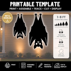 May include: A printable template for hanging bat silhouettes, featuring two black bat shapes in different sizes. The digital download includes eight sizes ranging from 1 to 8 feet, with PDF and SVG files provided for printing, tracing, cutting, and displaying.