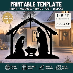 May include: A black silhouette printable template of a nativity scene featuring a stable with a star, Mary, Joseph, and the infant Jesus. The digital download includes 8 sizes ranging from 0.3-2.4 metres, with instructions to print, assemble, trace, cut, and display.