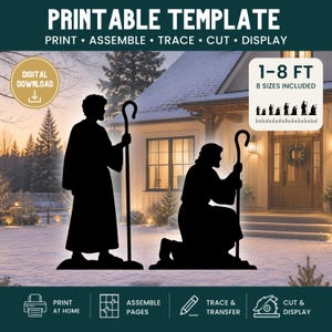 May include: A printable template for a nativity shepherd silhouette, featuring one standing figure and one kneeling figure, each holding a staff. The digital download includes 8 sizes ranging from 0.3-2.4 m. Text includes PRINTABLE TEMPLATE, PRINT, ASSEMBLE, TRACE, CUT, DISPLAY, DIGITAL DOWNLOAD, and 1-8 FT 8 SIZES INCLUDED.