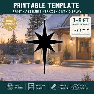Peut inclure: Un modèle imprimable en forme d'étoile noire à huit branches pour la décoration de Noël. Le téléchargement numérique inclut 8 tailles allant de 30 cm à 244 cm. Le graphique affiche le texte : PRINTABLE TEMPLATE, PRINT, ASSEMBLE, TRACE, CUT, DISPLAY.