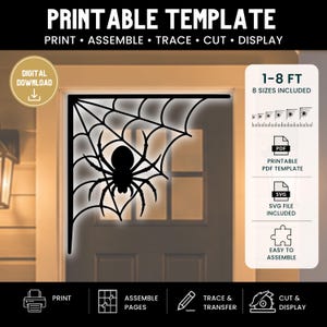 May include: A black spider web corner decoration template featuring a spider in the center. The digital download includes 8 sizes from 1 to 8 feet, provided as printable PDF and SVG files for assembly, tracing, cutting, and displaying on doorways.