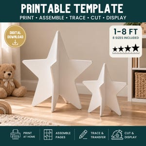 Può includere: Un modello stampabile per due strutture bianche tridimensionali a forma di stella. Il download digitale include 8 dimensioni che vanno da 1 a 8 piedi. Il testo recita PRINTABLE TEMPLATE, PRINT, ASSEMBLE, TRACE, CUT, DISPLAY, DIGITAL DOWNLOAD.
