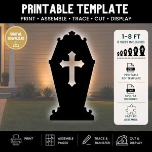 Puede incluir: Una plantilla imprimible para una lápida negra con forma de ataúd y una cruz blanca recortada. La descarga digital incluye archivos PDF y SVG para 8 tamaños que van de 1 a 8 pies. El diseño incluye instrucciones para imprimir, ensamblar, calcar, cortar y exhibir.