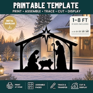 May include: A black silhouette of a nativity scene featuring a star, a figure kneeling, a figure standing with a staff, and a manger. The text reads PRINTABLE TEMPLATE, 1-8 FT, 8 SIZES INCLUDED, DIGITAL DOWNLOAD, PRINT AT HOME, ASSEMBLE PAGES, TRACE & TRANSFER, CUT & DISPLAY.
