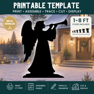 May include: A black silhouette of an angel playing a trumpet, presented as a printable template. The design includes text stating PRINTABLE TEMPLATE, DIGITAL DOWNLOAD, and 1-8 FT 8 SIZES INCLUDED, with icons for printing, assembling, tracing, and cutting.