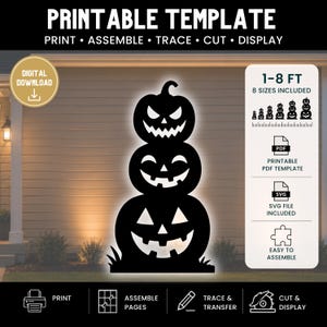 May include: A black silhouette of a three-tiered jack-o'-lantern stack featuring carved faces. The printable template includes 8 sizes ranging from 1 to 8 feet, with PDF and SVG files provided for assembly, tracing, cutting, and display purposes.