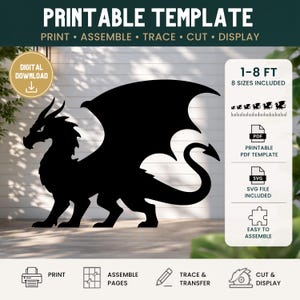 Op de afbeelding: Een printbaar sjabloon van een zwarte draak-silhouet met de tekst PRINTABLE TEMPLATE, 1-8 FT, 8 SIZES INCLUDED, DIGITAL DOWNLOAD, PRINT, ASSEMBLE, TRACE, CUT, DISPLAY, PDF PRINTABLE PDF TEMPLATE, SVG FILE INCLUDED en EASY TO ASSEMBLE.