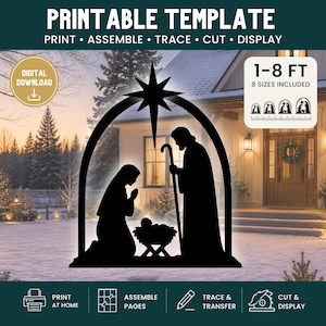 May include: A black silhouette printable template of a nativity scene featuring a star, a kneeling figure, a standing figure with a staff, and a manger. The text includes PRINTABLE TEMPLATE, 1-8 FT, 8 SIZES INCLUDED, DIGITAL DOWNLOAD, PRINT, ASSEMBLE, TRACE, CUT, DISPLAY.