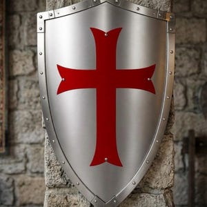 Può includere: Uno scudo color argento con un'emblematica croce rossa. Lo scudo ha una parte superiore arrotondata ed è bordato da rivetti. Lo sfondo è un muro di pietra, che suggerisce un tema storico o medievale.