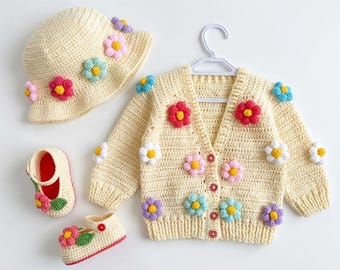 Floral Daisy Baby Cardigan Crochet Pattern, Intermediate PDF, Newborn Girl Clothes (Instant Download)