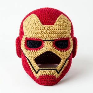 かぎ針編みパターン アイアンマンマスクハット、スーパーヒーローコスプレビーニー、アベンジャーズ風コスチューム、中級レベル、PDFデジタルダウンロード