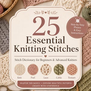 Puede incluir: Una portada de libro rectangular titulada 25 Essential Knitting Stitches con fondo crema y texto marrón oscuro. Incluye cinco muestras circulares que muestran patrones de punto, revés, encaje, trenza y textura, además de una insignia que indica Step-by-Step Photos & Easy Instructions.