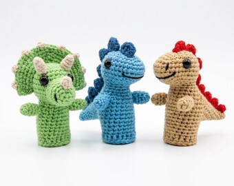 Gehaakte dinosaurusvingerpoppen, amigurumi-triceratops, stegosaurus, T-Rex-patronen (pdf-download)