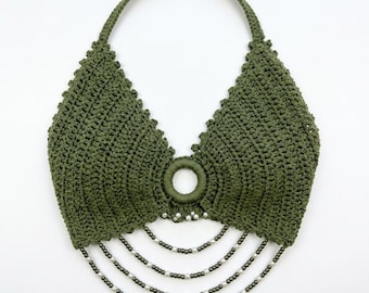 Crochet Ring Halter Top Pattern, Boho Beaded Chains Bralette (PDF Download)