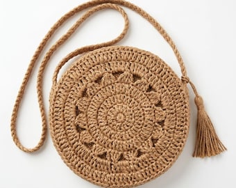 Round Crochet Bag Pattern, Paper Yarn Tote Tutorial, Raffia Shoulder Bag (PDF Download)