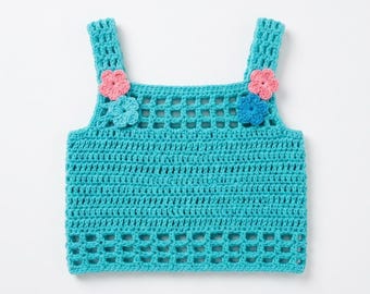 Crochet Pattern Toddler Summer Top Button Back Shirt Easy PDF Download Boho Kids Camisole with Flowers Baby Girl Clothes Pattern
