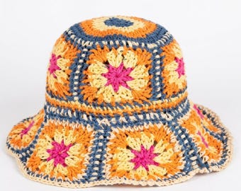 Crochet Bucket Hat Pattern – Boho Sun Hat, Granny Square Motif (PDF Download)