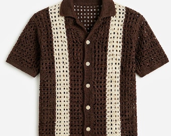 Crochet Pattern Men's Shirt, Retro Button Up Polo, Vintage Style Summer Mesh Top, Intermediate Skill Level, Instant Download PDF Pattern