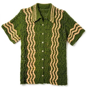 May include: A short-sleeved crochet shirt featuring a vertical wavy pattern in dark forest green and light beige. The garment includes a classic collar, a front button-down placket with seven light-colored buttons, and an open-knit texture throughout.