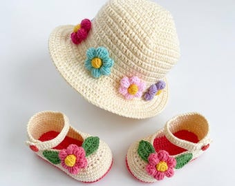 Crochet Baby Hat and Shoes Pattern, Floral Brim Bonnet, Newborn Beanie PDF Download