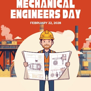 Könnte beinhalten: Eine grafische Illustration einer Person mit gelbem Schutzhelm und orangefarbener Warnweste, die einen Bauplan mit technischen Zeichnungen hält. Der Text lautet @reallygreatsite, MECHANICAL ENGINEERS DAY, FEBRUARY 22, 2028, und Powering the future through precision, innovation, and engineering excellence.
