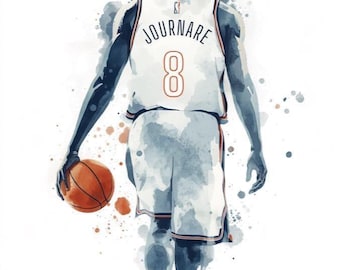 Lámina artística personalizable en acuarela de un jugador de baloncesto (descarga digital)