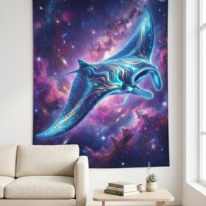 May include: A large wall tapestry featuring a vibrant illustration of a manta ray swimming through a nebula. The manta ray is a brilliant blue with glowing patterns, set against a backdrop of purple, pink, and blue cosmic clouds.