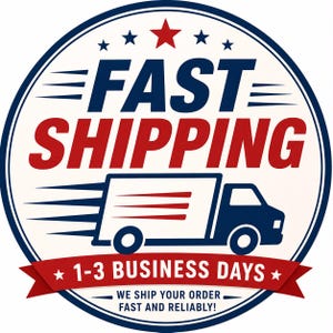 Może przedstawiać: Okrągły emblemat z ciemnoniebieską obwódką i białym tłem. Napis FAST SHIPPING widnieje pogrubionymi niebieskimi i czerwonymi literami. Wyśrodkowano ikonę ciemnoniebieskiej ciężarówki z czerwonymi liniami ruchu. Czerwony baner zawiera 1-3 BUSINESS DAYS.