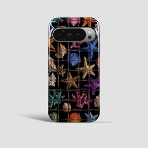May include: A smartphone case featuring a grid pattern overlaying a black background filled with various colourful sea life, including starfish, seashells, and coral in shades of blue, pink, orange, and tan, with a camera cutout at the top.